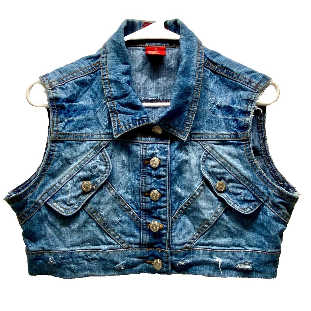 Vintage Goddess Jeans Denim Vest Women's Medium Blue Distressed Y2K Cropped Top